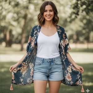 Knox Rose Boho Floral Kimono Cardigan with Tassels - Green/Orange - XS/S